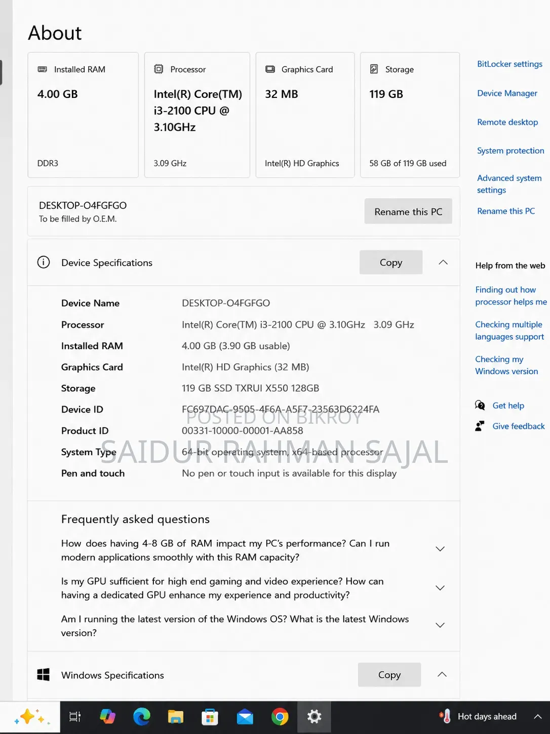 Desktop Computer 4GB Intel Core I3 SSD 128GB