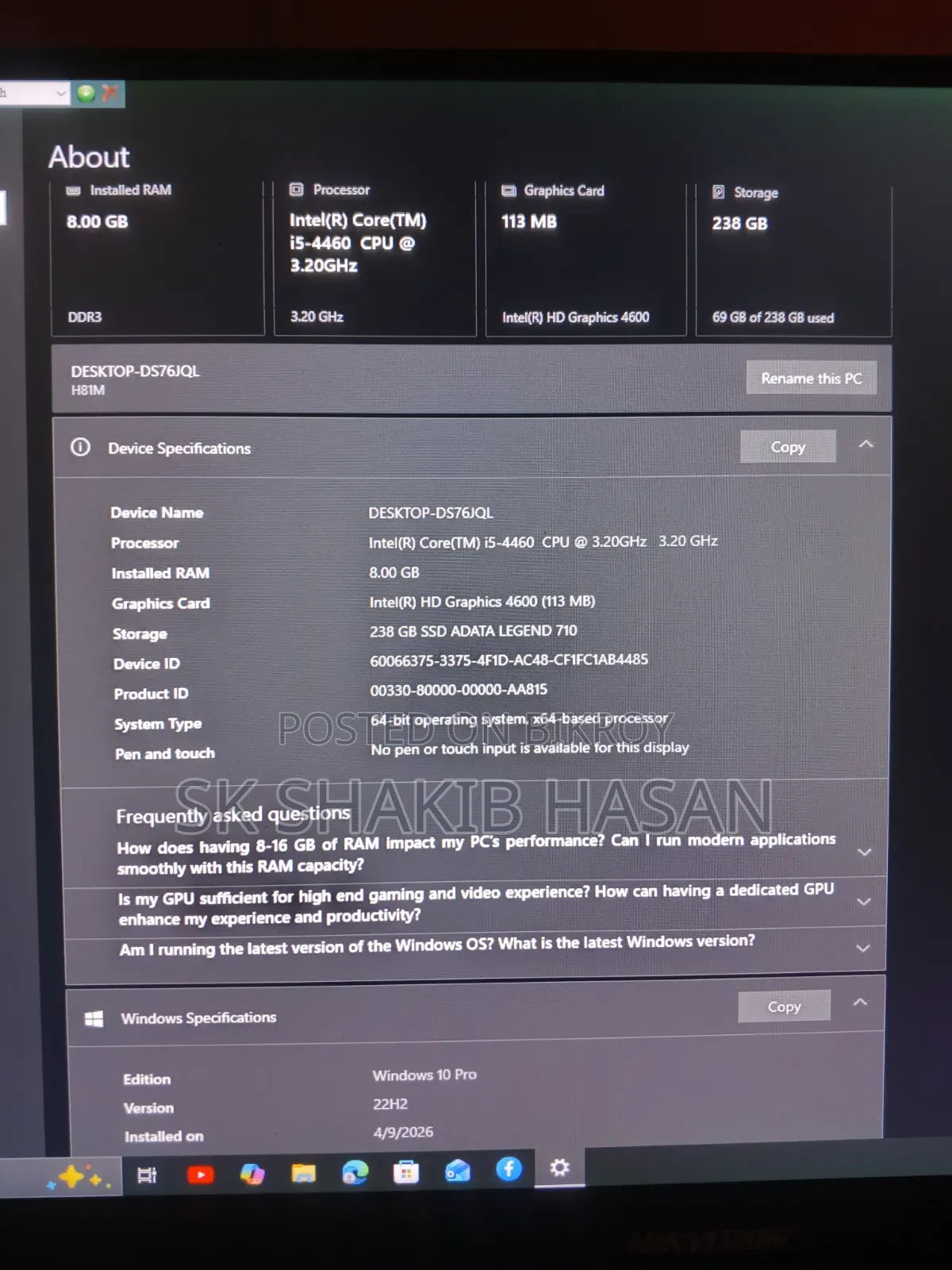 Desktop Computer 8GB Intel Core I5 SSD 250GB