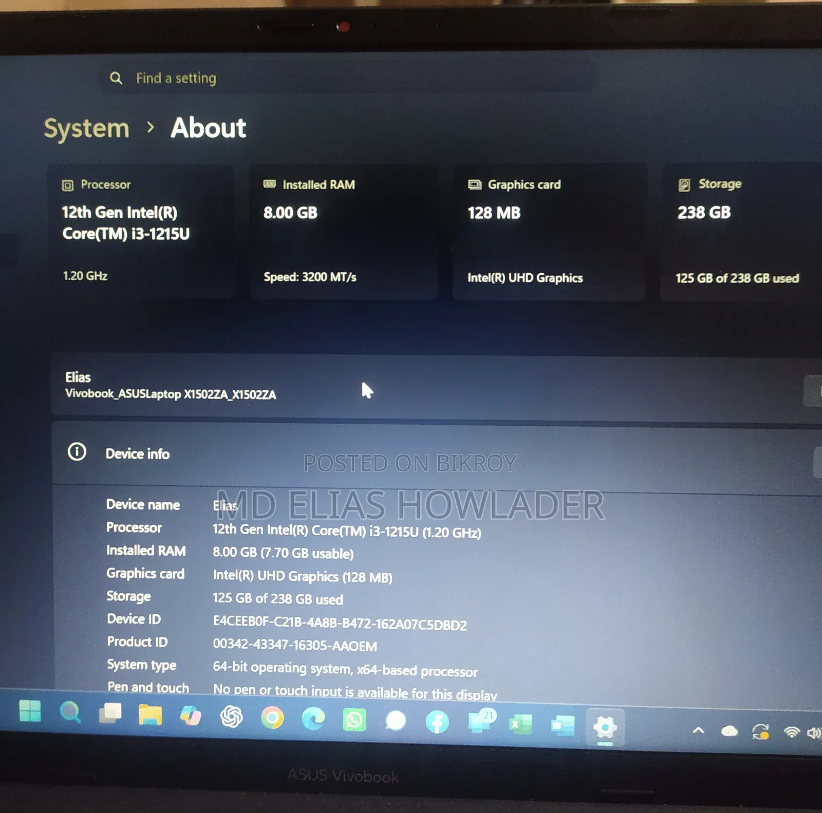 Laptop Asus Vivobook 15 8GB Intel Core 3 SSD 250GB