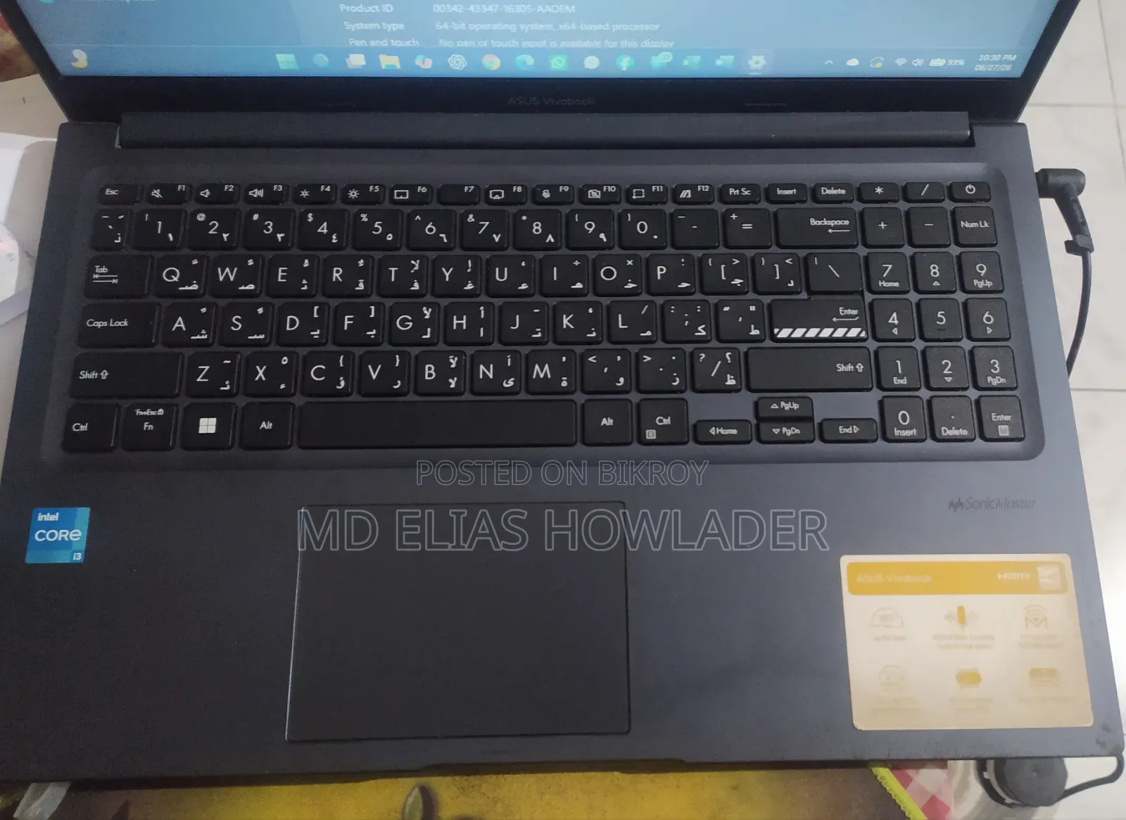 Laptop Asus Vivobook 15 8GB Intel Core 3 SSD 250GB
