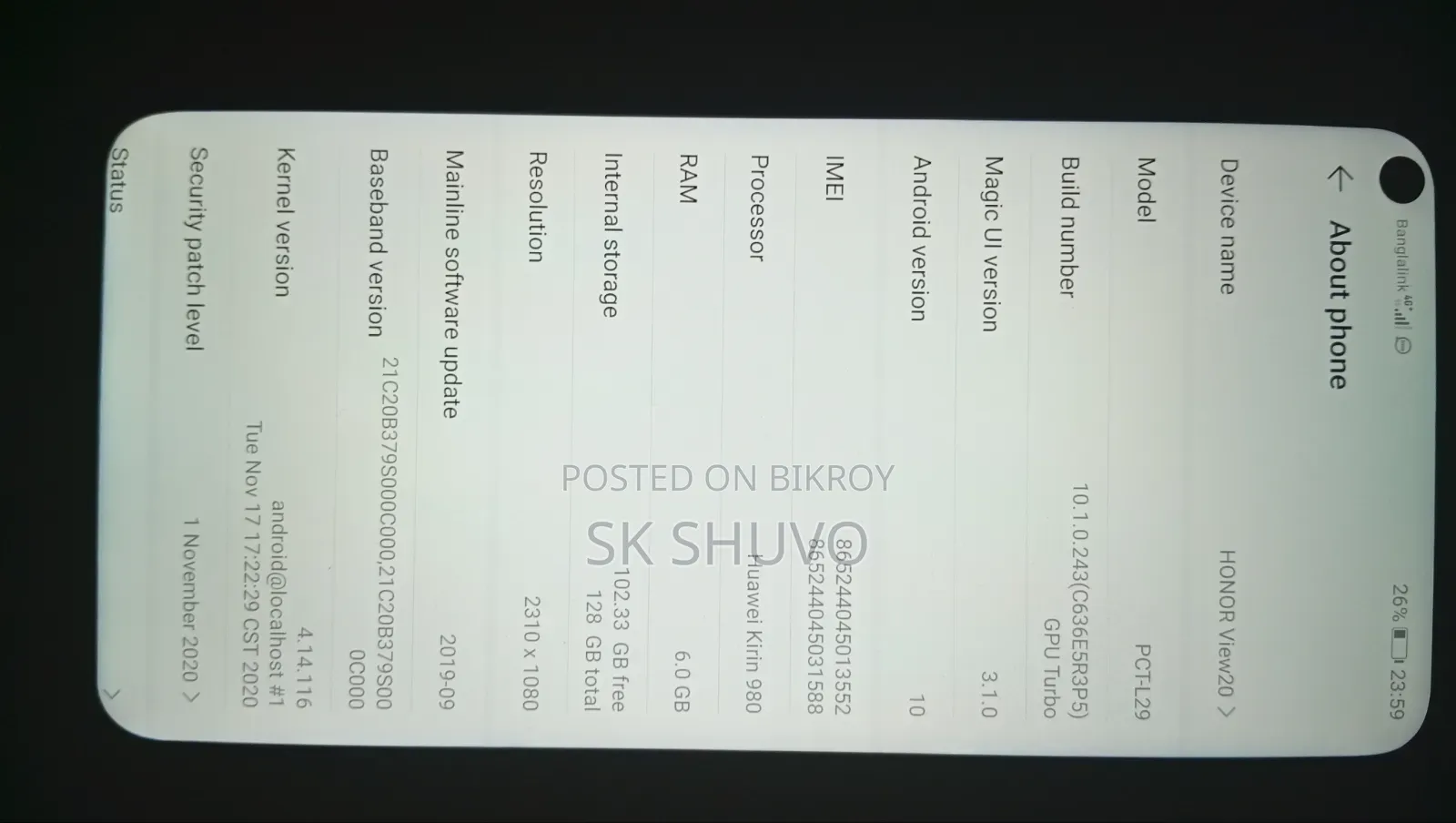 Honor View 20 128 GB Blue
