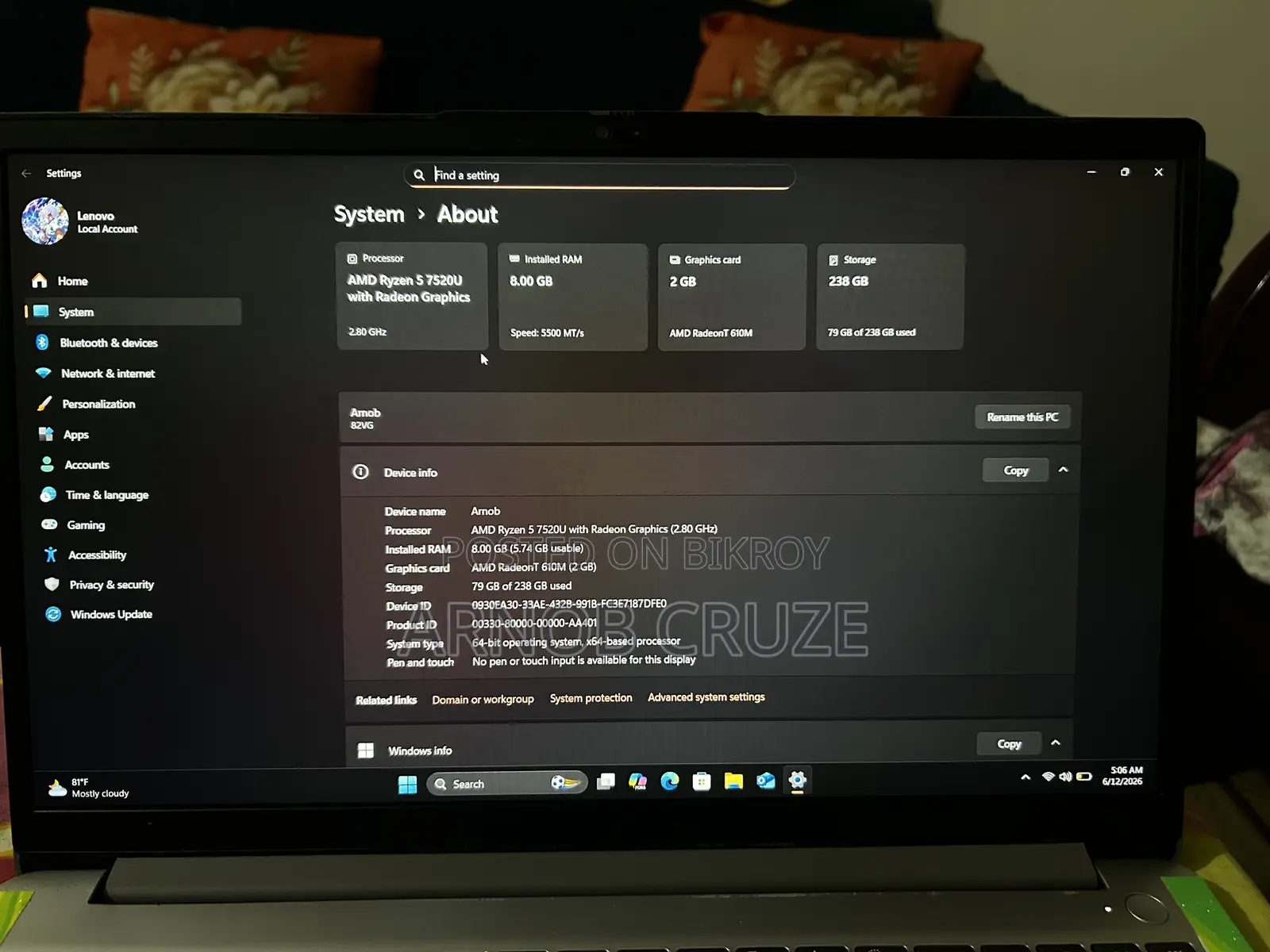 Laptop Lenovo IdeaPad 1 8GB AMD Ryzen 5 SSD 256GB