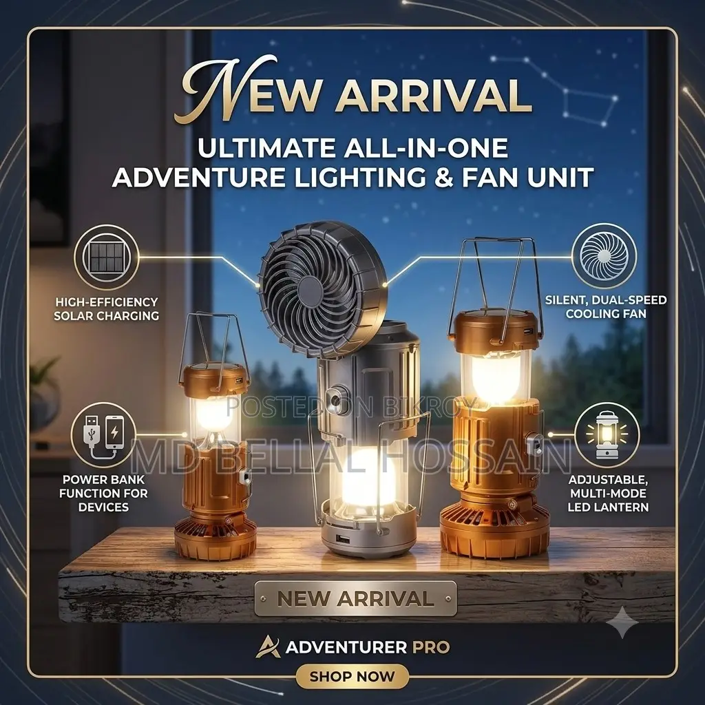 6 In 1 Portable Led Camping Lantern With Fan, Solar Charging Camping