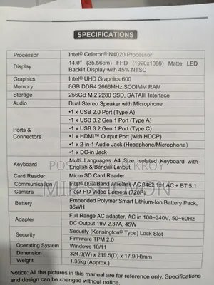 Laptop 8GB Intel Celeron SSD 256GB