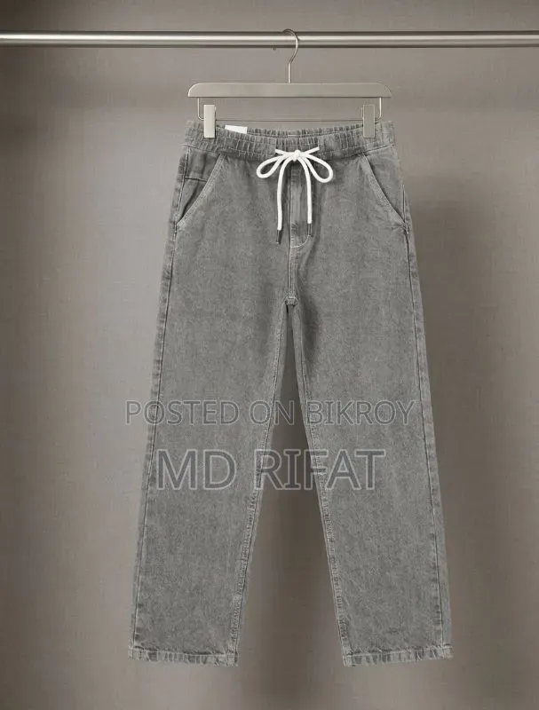 Grey Denim Jogger Pants – Relaxed Fit White Drawstring