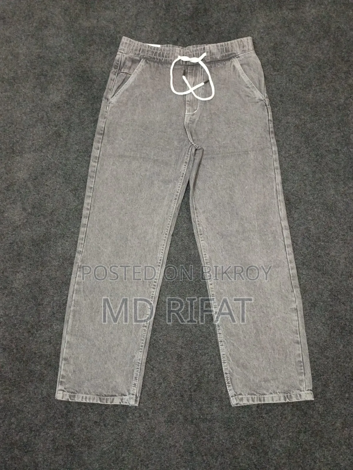 Grey Denim Jogger Pants – Relaxed Fit White Drawstring