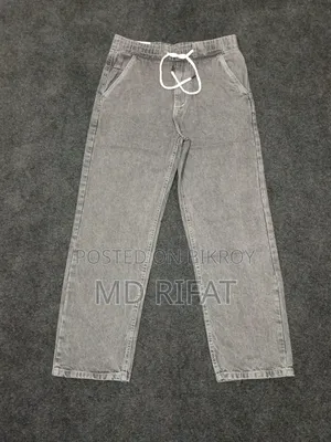 Grey Denim Jogger Pants – Relaxed Fit White Drawstring