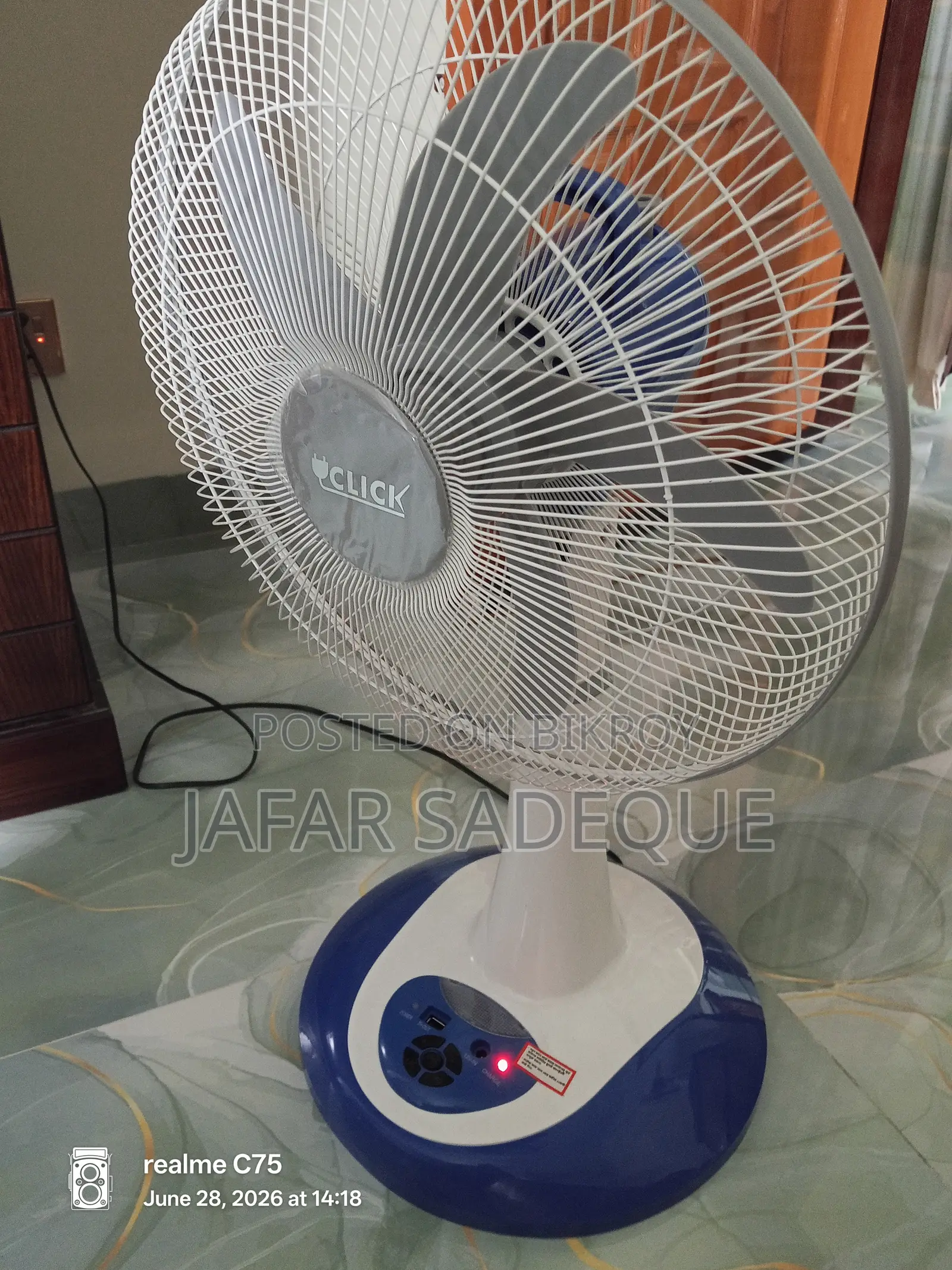 Click Charger Stand Fan 16" With Light 12 Hours Backup