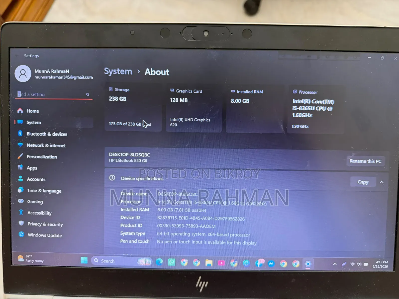 Laptop HP EliteBook 840 G6 8GB Intel Core i5 SSD 256GB