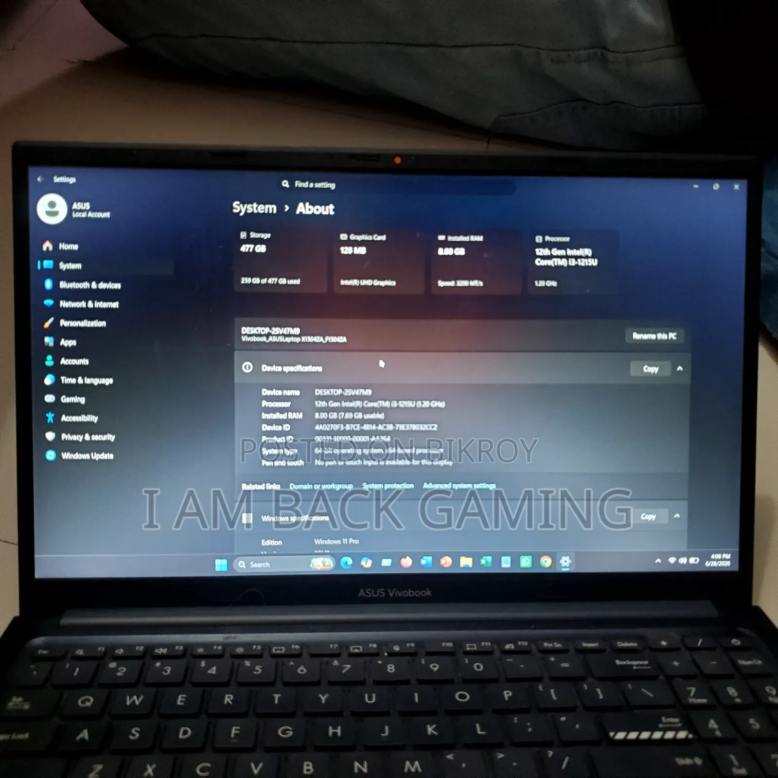 Laptop Asus Vivobook 15 8GB Intel Core i3 SSD 500GB