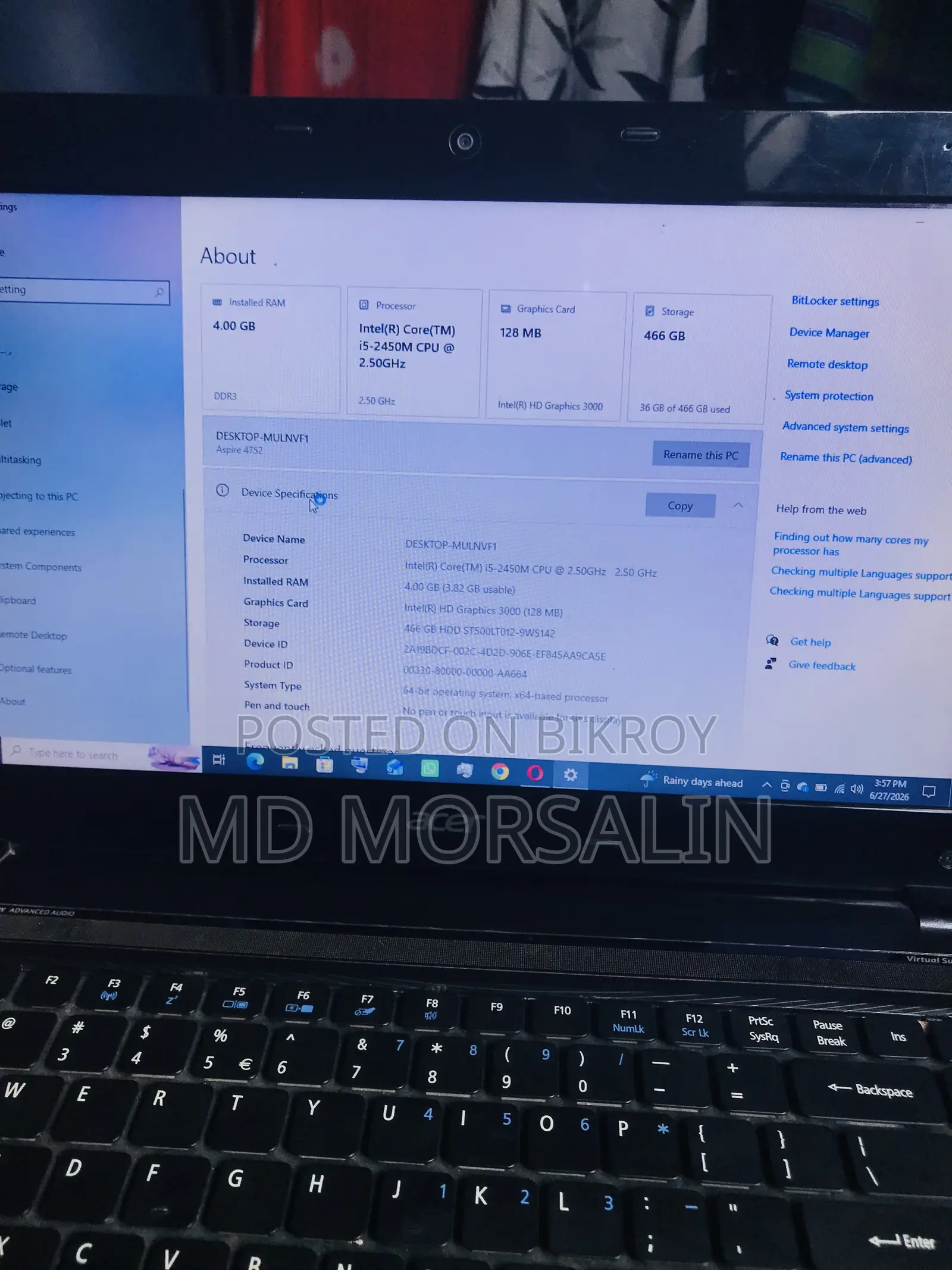 Laptop Acer Aspire 4752 4GB Intel Core i5 HDD 512GB