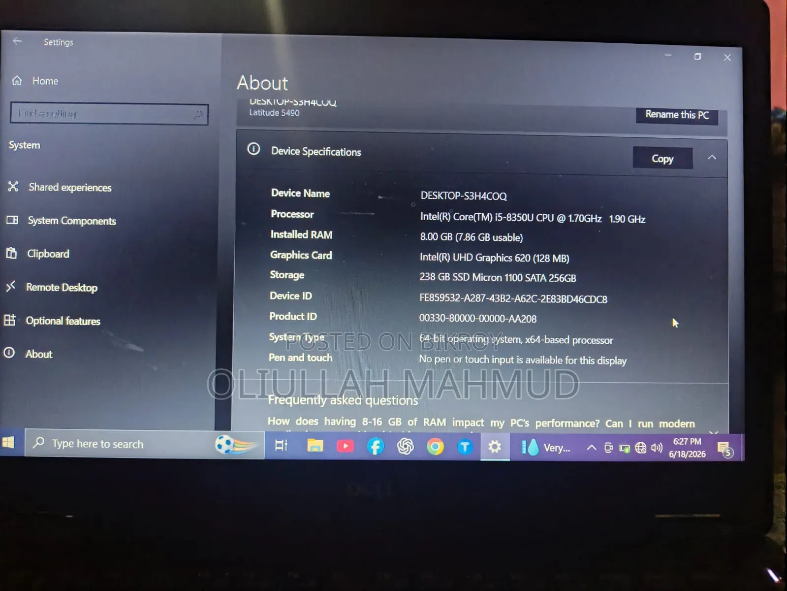 Laptop Dell 8GB Intel Core i5 SSD 256GB
