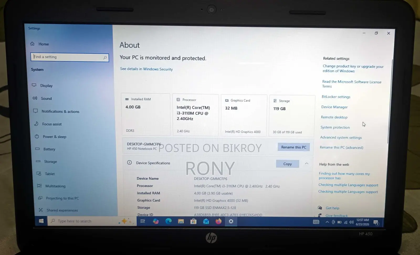 Laptop HP 4GB Intel Core i3 SSD 128GB