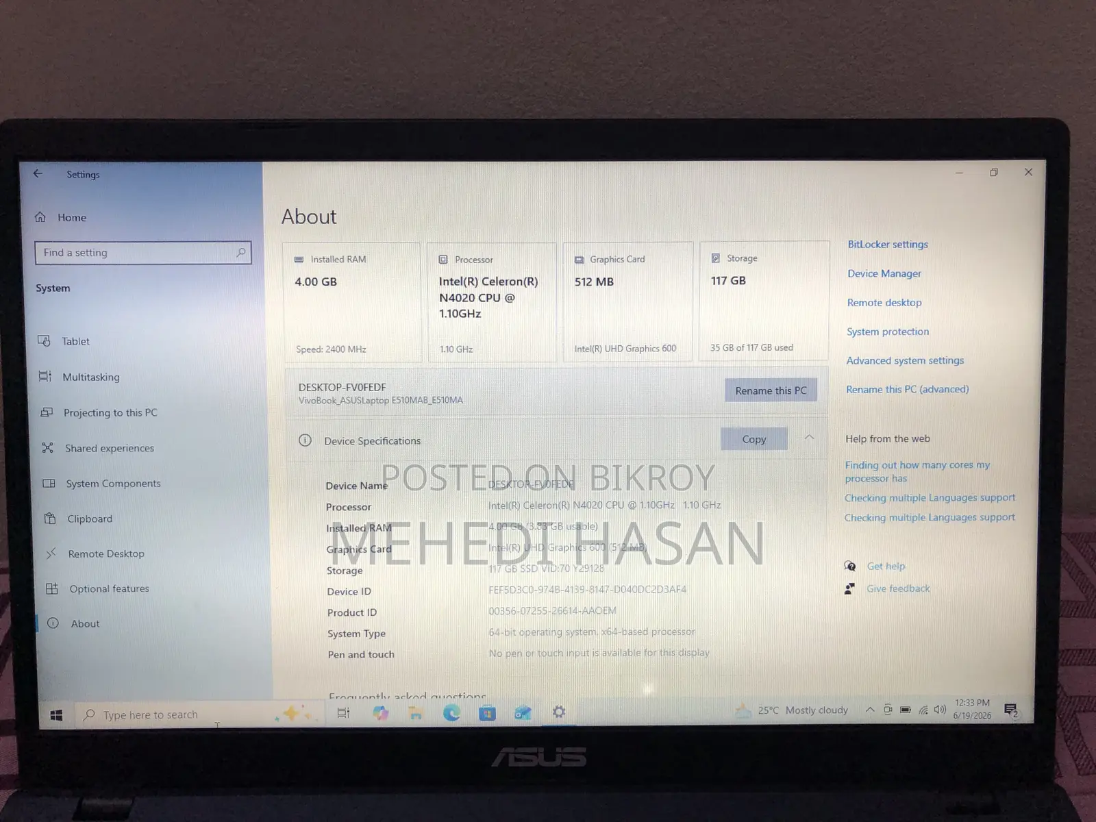Laptop Asus Vivobook 15 4GB Intel Celeron SSD 128GB