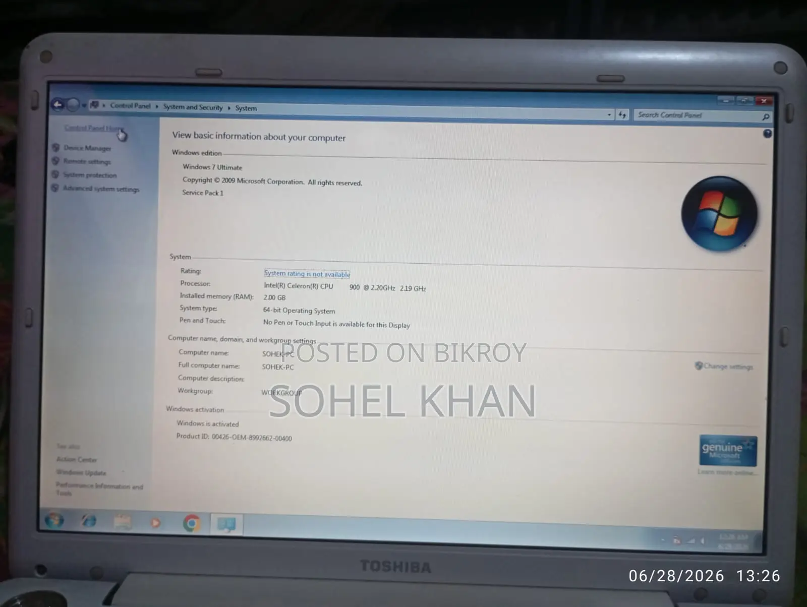Laptop Toshiba Satellite A350 2GB Intel Celeron HDD 160GB