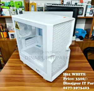 H01 White Mid-Tower Gaming Computer Case With Tempered Glass