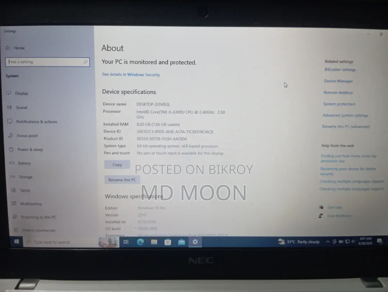 Laptop NEC 8GB Intel Core I5 SSD 256GB