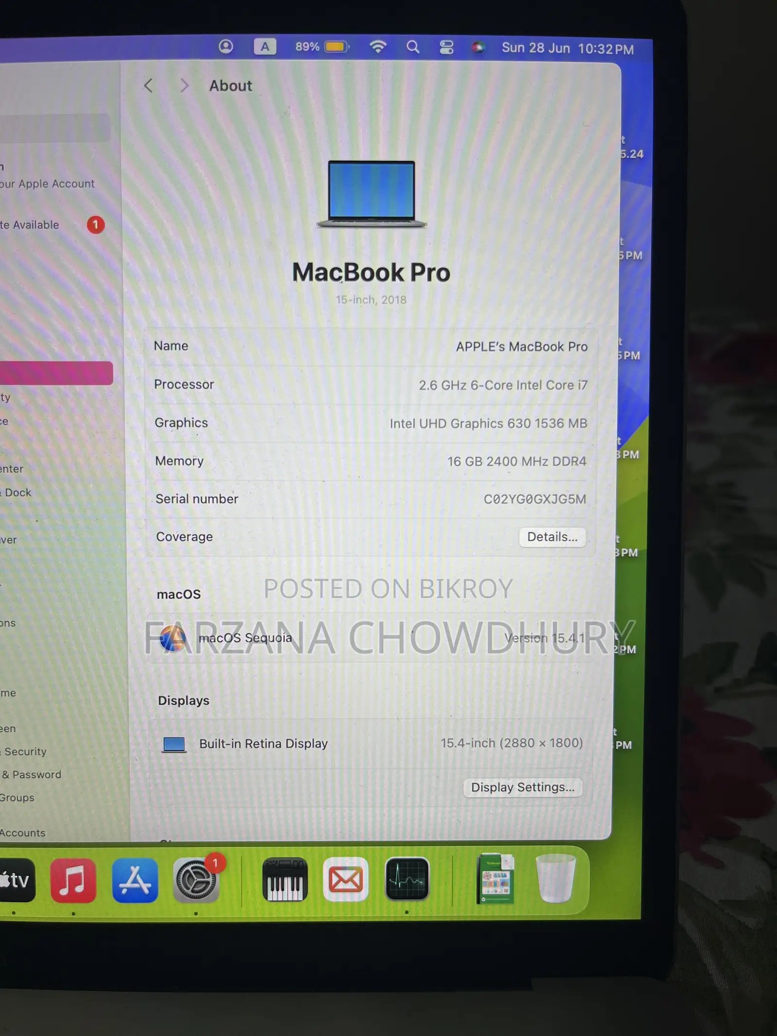 Laptop Apple MacBook Pro 2018 16GB Intel Core I7 HDD+SSD 256GB