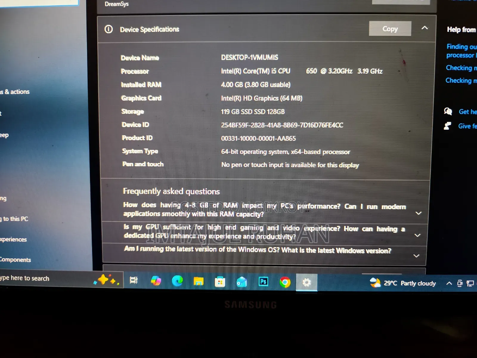 Desktop Computer Samsung 4GB Intel Core i5 SSD 128GB
