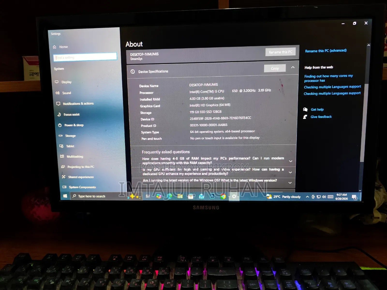 Desktop Computer Samsung 4GB Intel Core i5 SSD 128GB