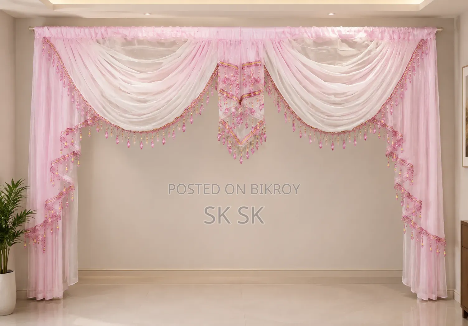 Luxury Pink Valance With White Sheer Corner Curtain, Premium Home Decor