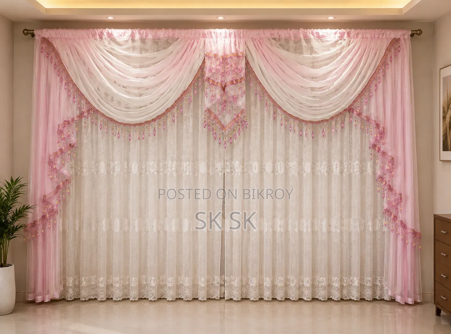 Luxury Pink Valance With White Sheer Corner Curtain, Premium Home Decor