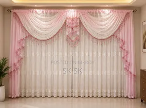 Luxury Pink Valance With White Sheer Corner Curtain, Premium Home Decor