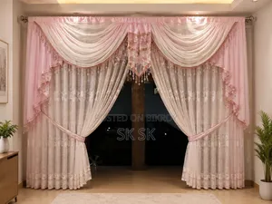 Luxury Pink Valance With White Sheer Corner Curtain, Premium Home Decor