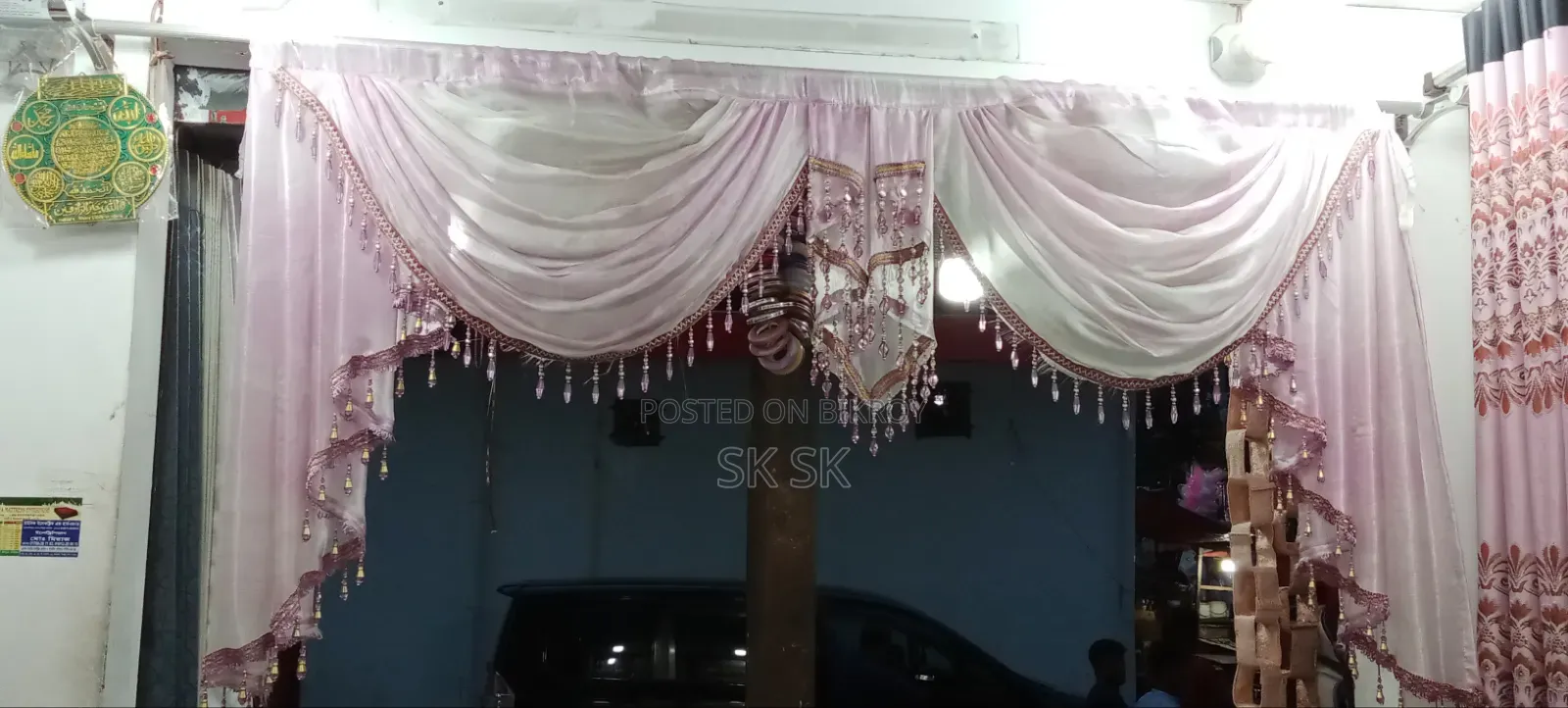 Luxury Pink Valance With White Sheer Corner Curtain, Premium Home Decor