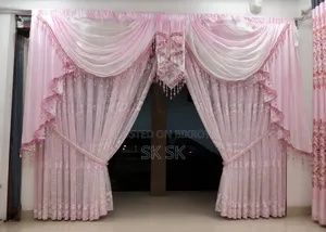 Luxury Pink Valance With White Sheer Corner Curtain, Premium Home Decor