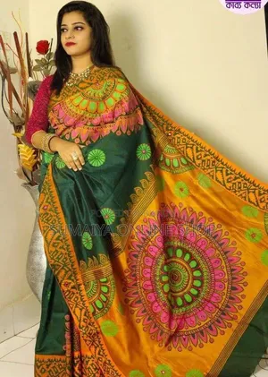 প্রিমিয়াম ধুপিয়ান সিল্ক শাড়ি ব্লক প্রিন্ট ও এমব্রয়ডারি কাজ