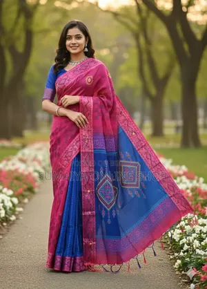 প্রিমিয়াম ধুপিয়ান সিল্ক শাড়ি ব্লক প্রিন্ট ও এমব্রয়ডারি কাজ