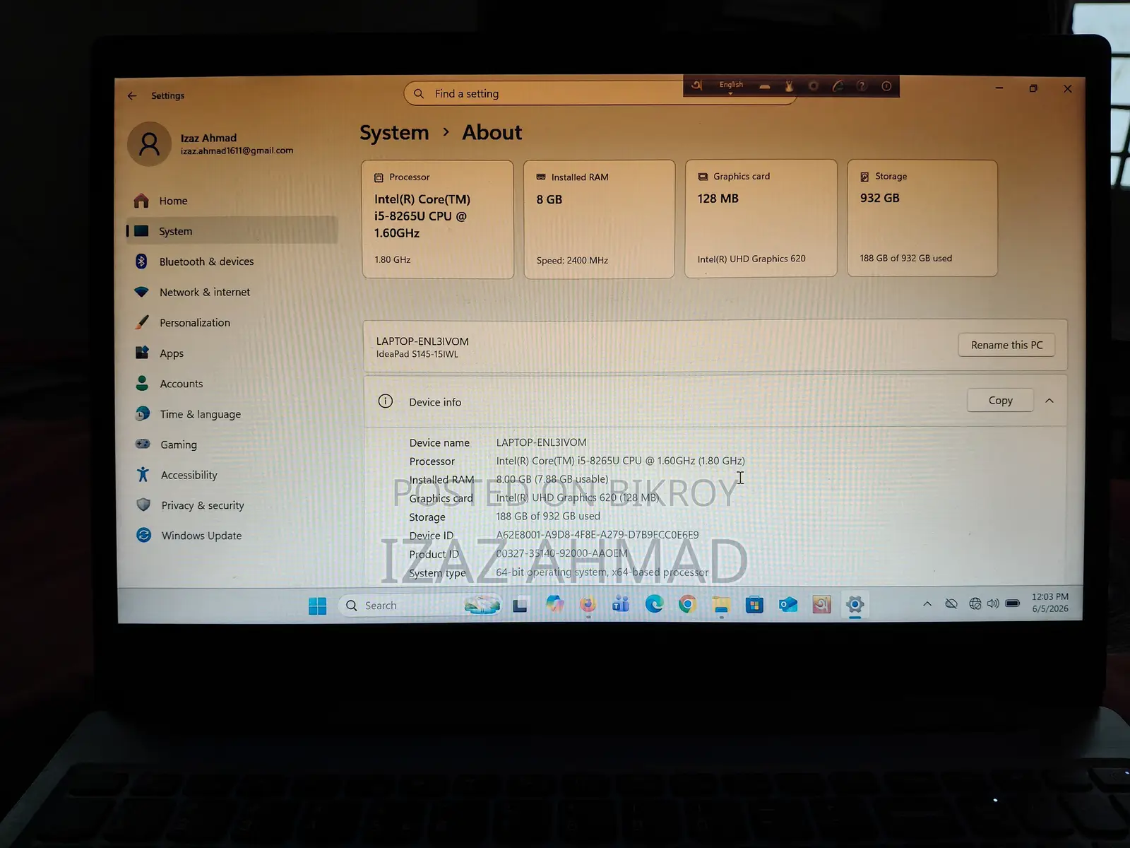 Laptop Lenovo IdeaPad S145 8GB Intel Core I5 HDD 1T