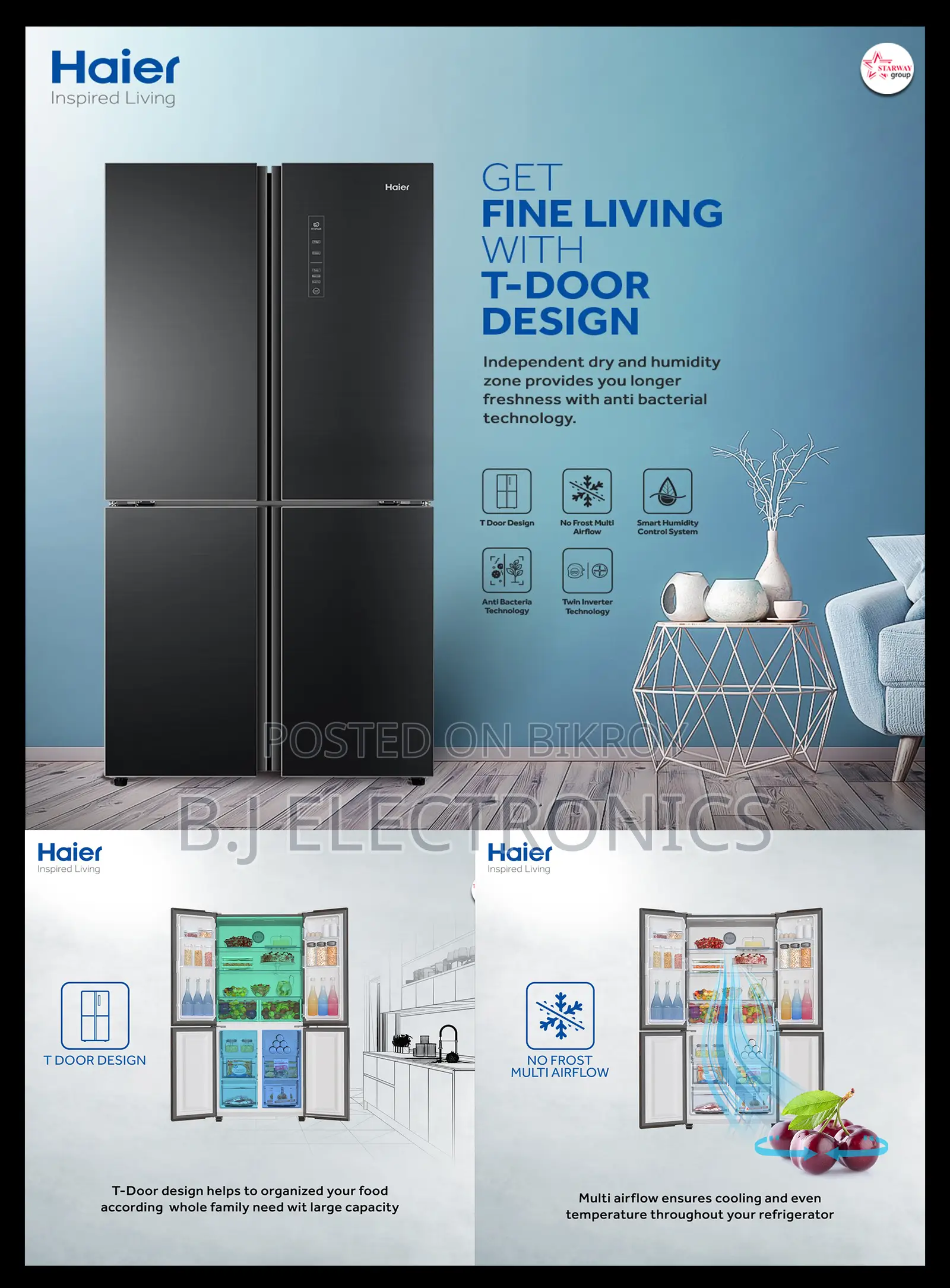 Haier Hrf-578tbg 522ltr Black French T-door No Frost Refrigerator