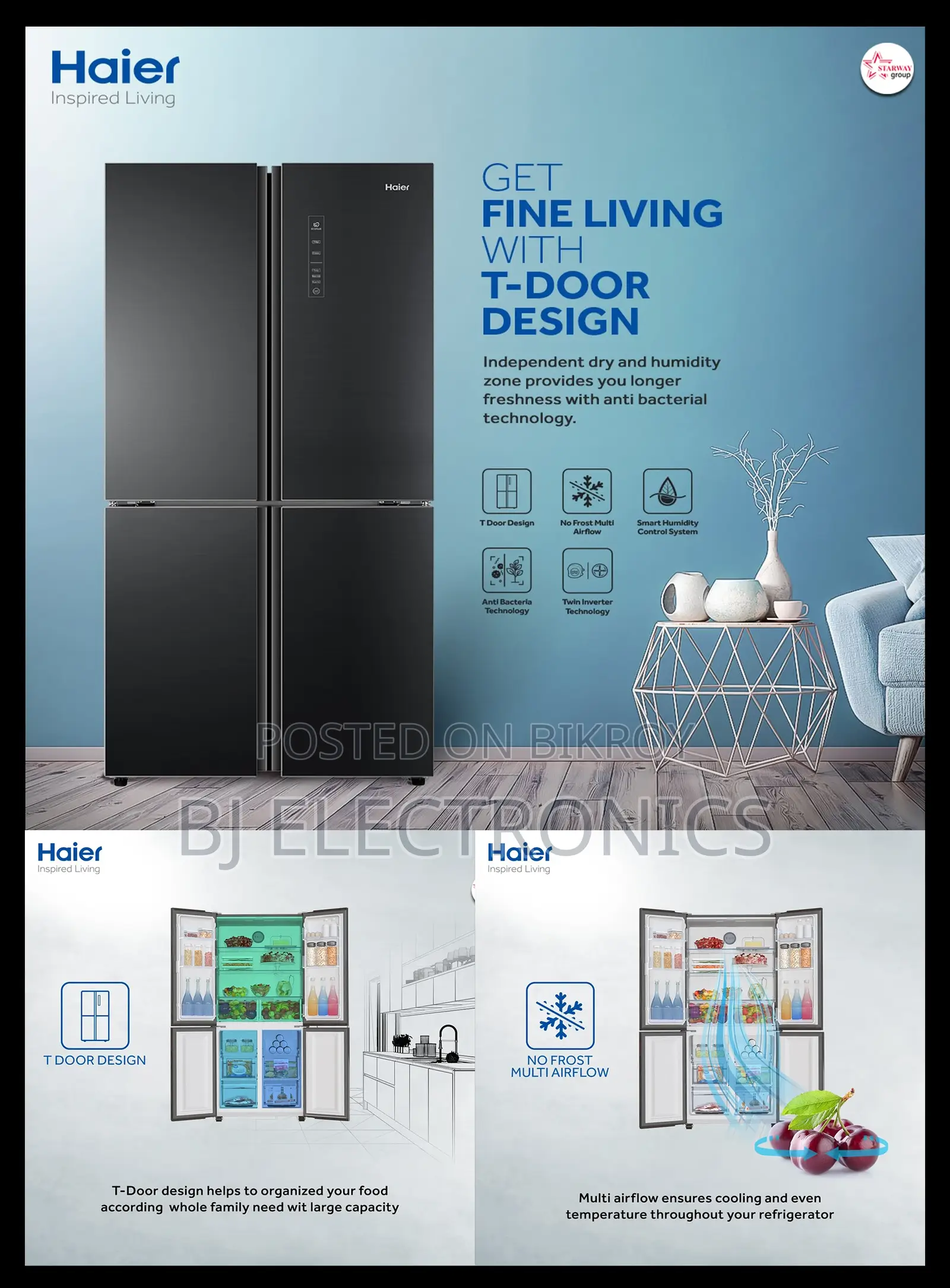 Haier HRF-578tbg 522ltr Black French T-Door No Frost Refrigerator