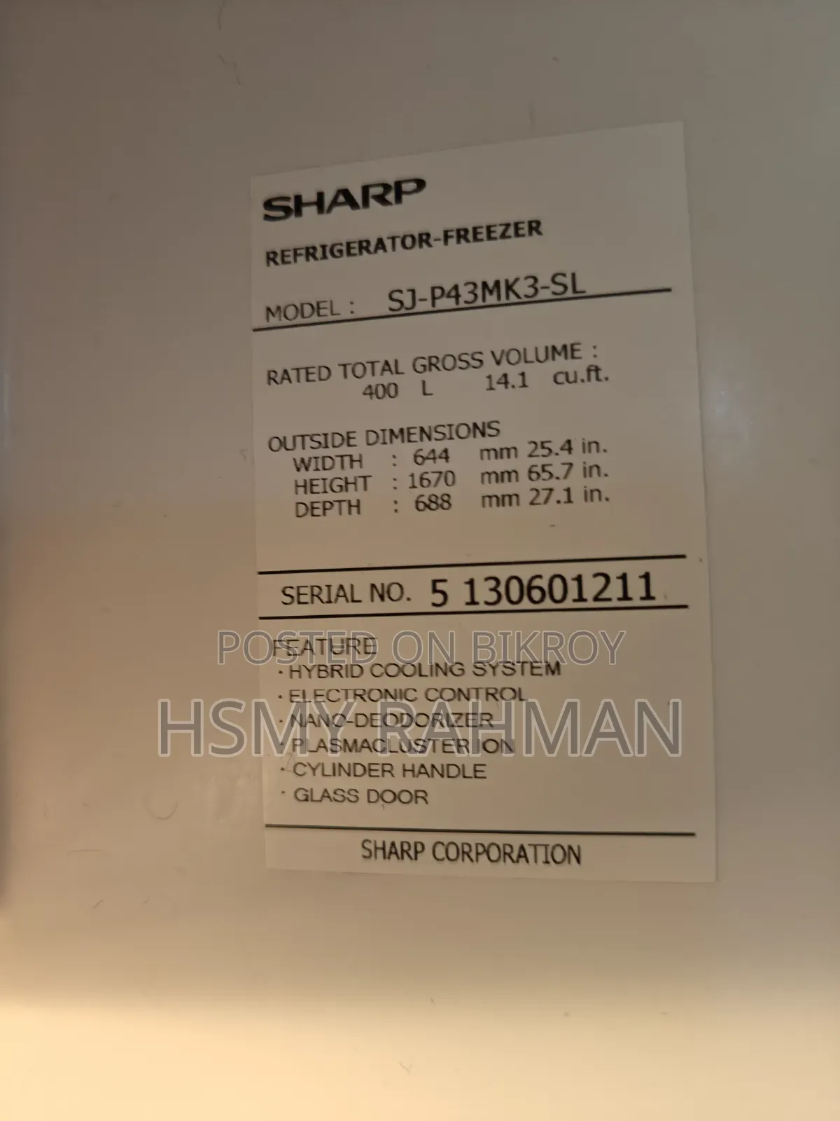 Sharp Plasmacluster 14 Cubic Feet Fridge