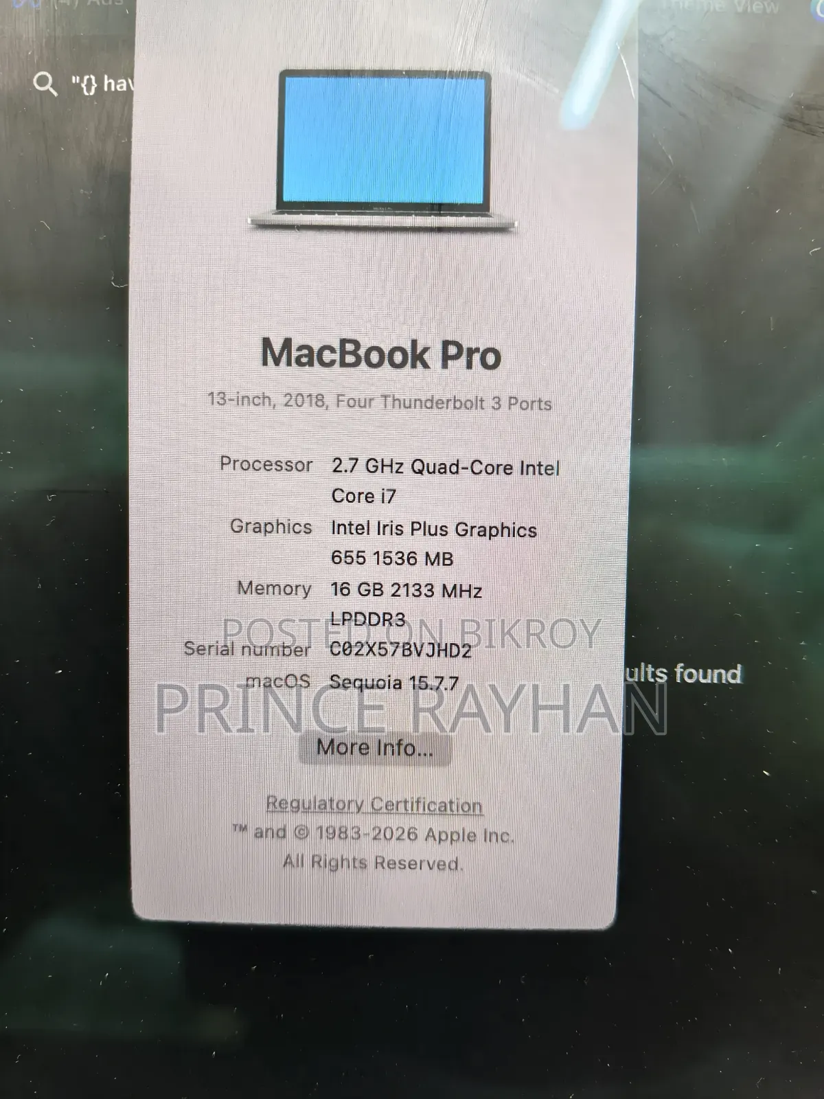 Laptop Apple MacBook 2018 16GB Intel Core I7 SSD 512GB