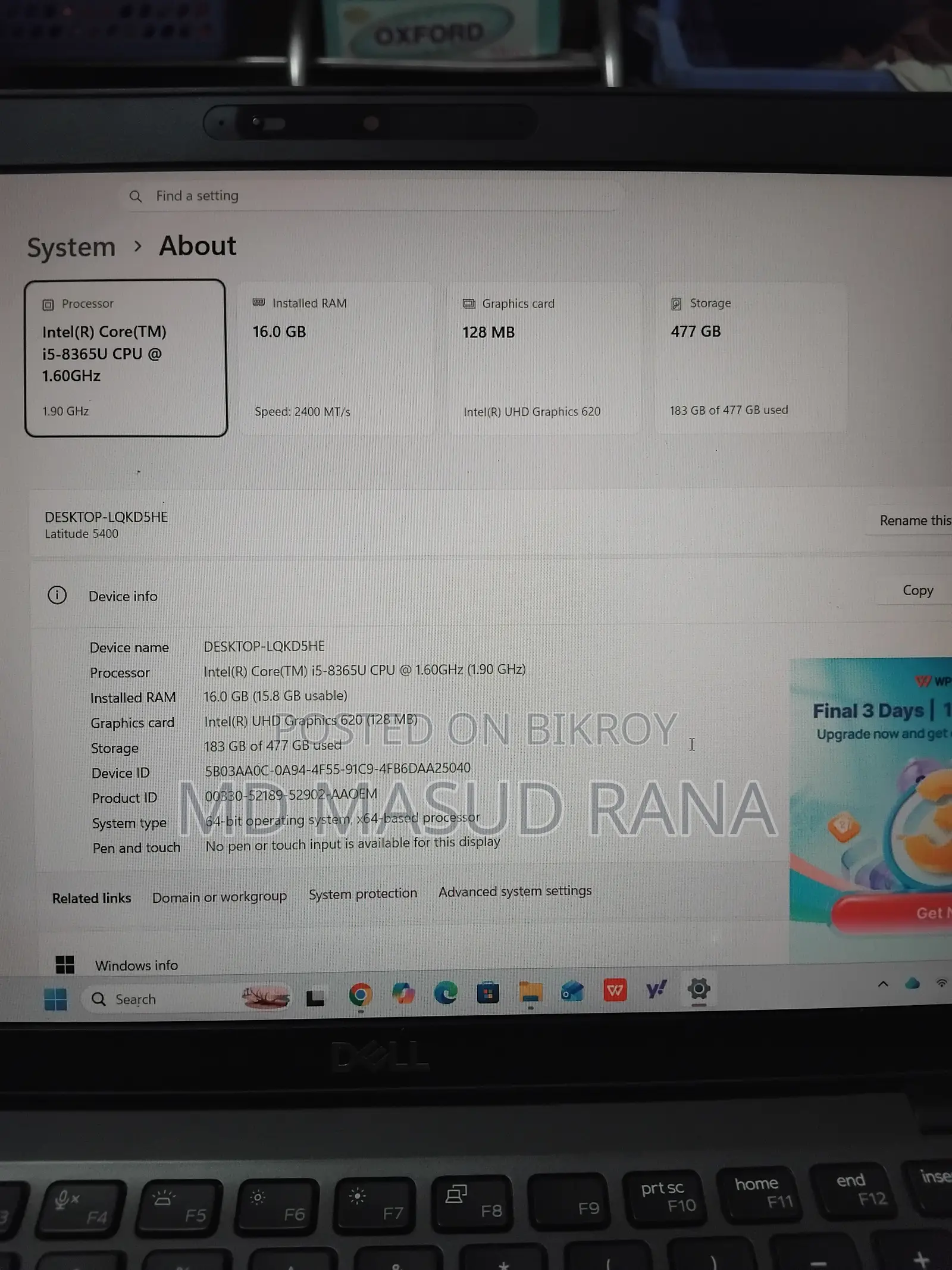 Laptop Dell Latitude 5400 16GB Intel Core I5 SSD 512GB