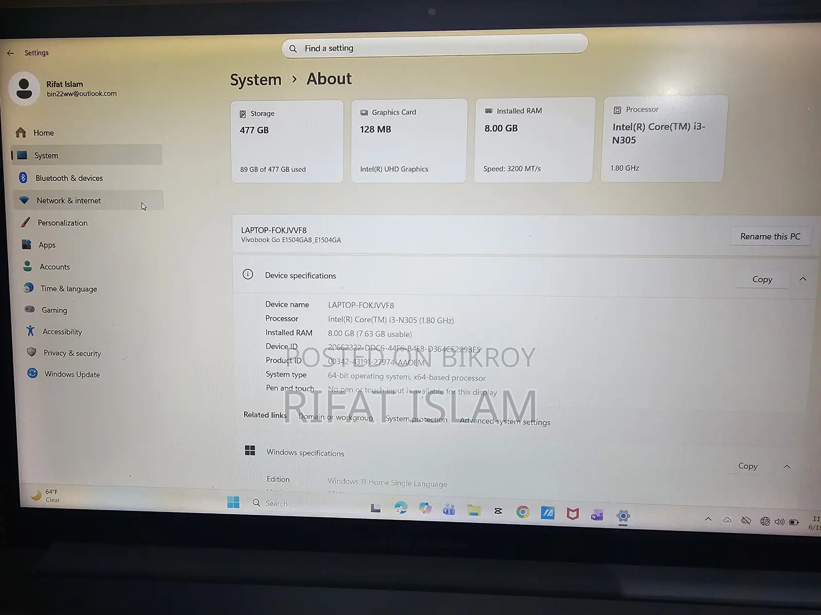 Laptop Asus 8GB Intel Core I3 SSD 500GB