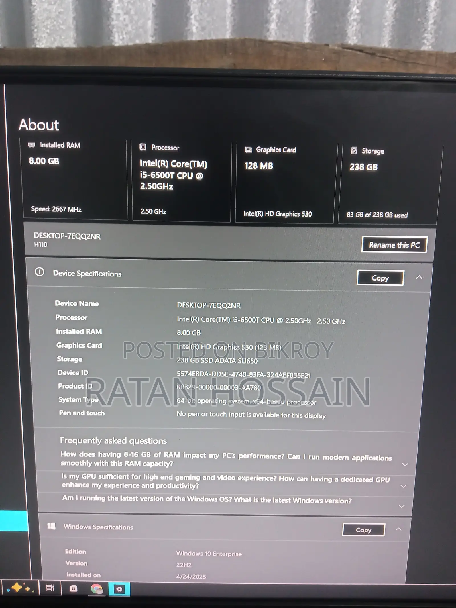 Desktop Computer Gigabyte GB-BACE-3160 8GB Intel Core I5 SSD 256GB