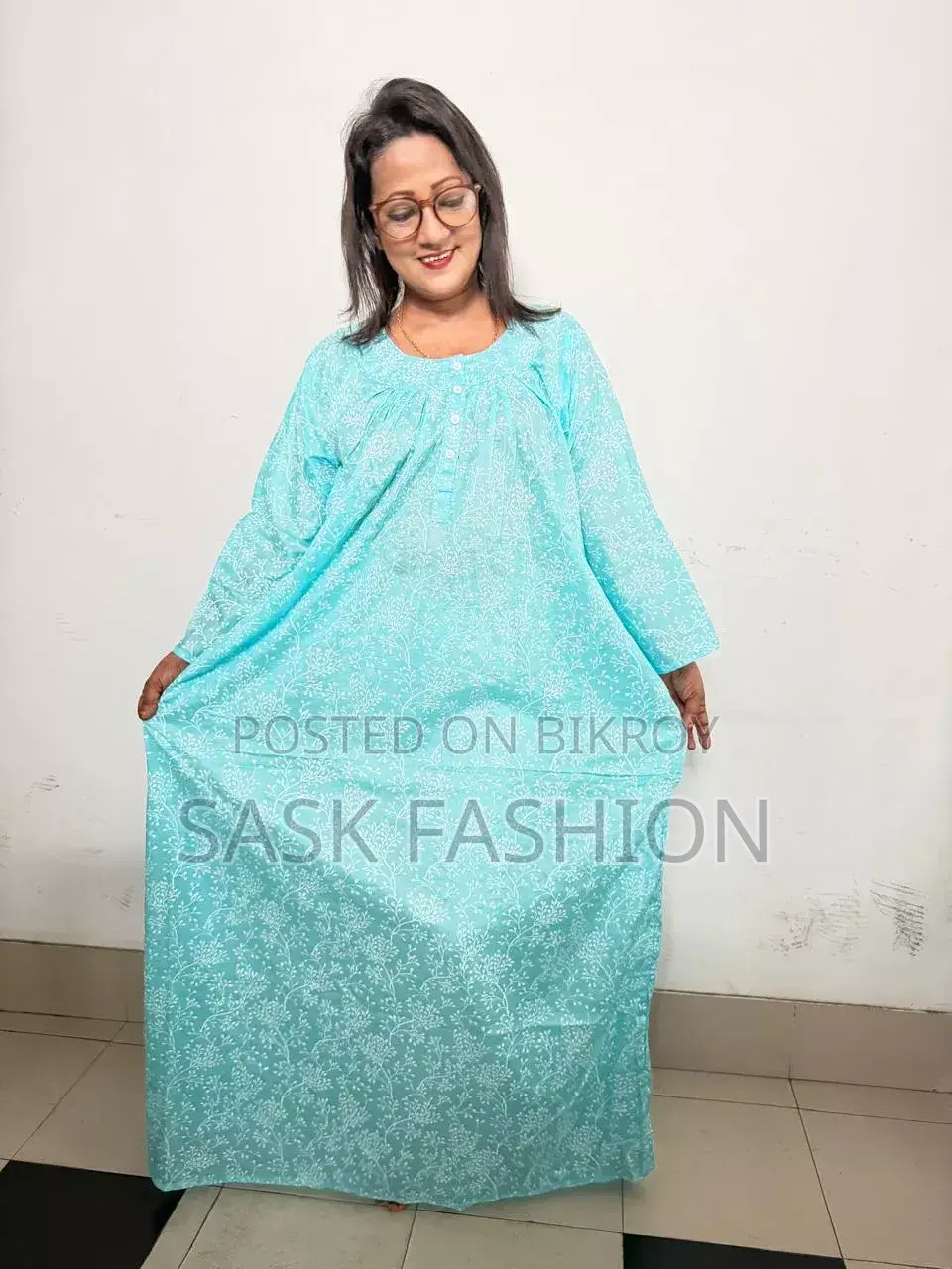 আকাশি কালার ফুলহাতা কটন ম্যাক্সি
