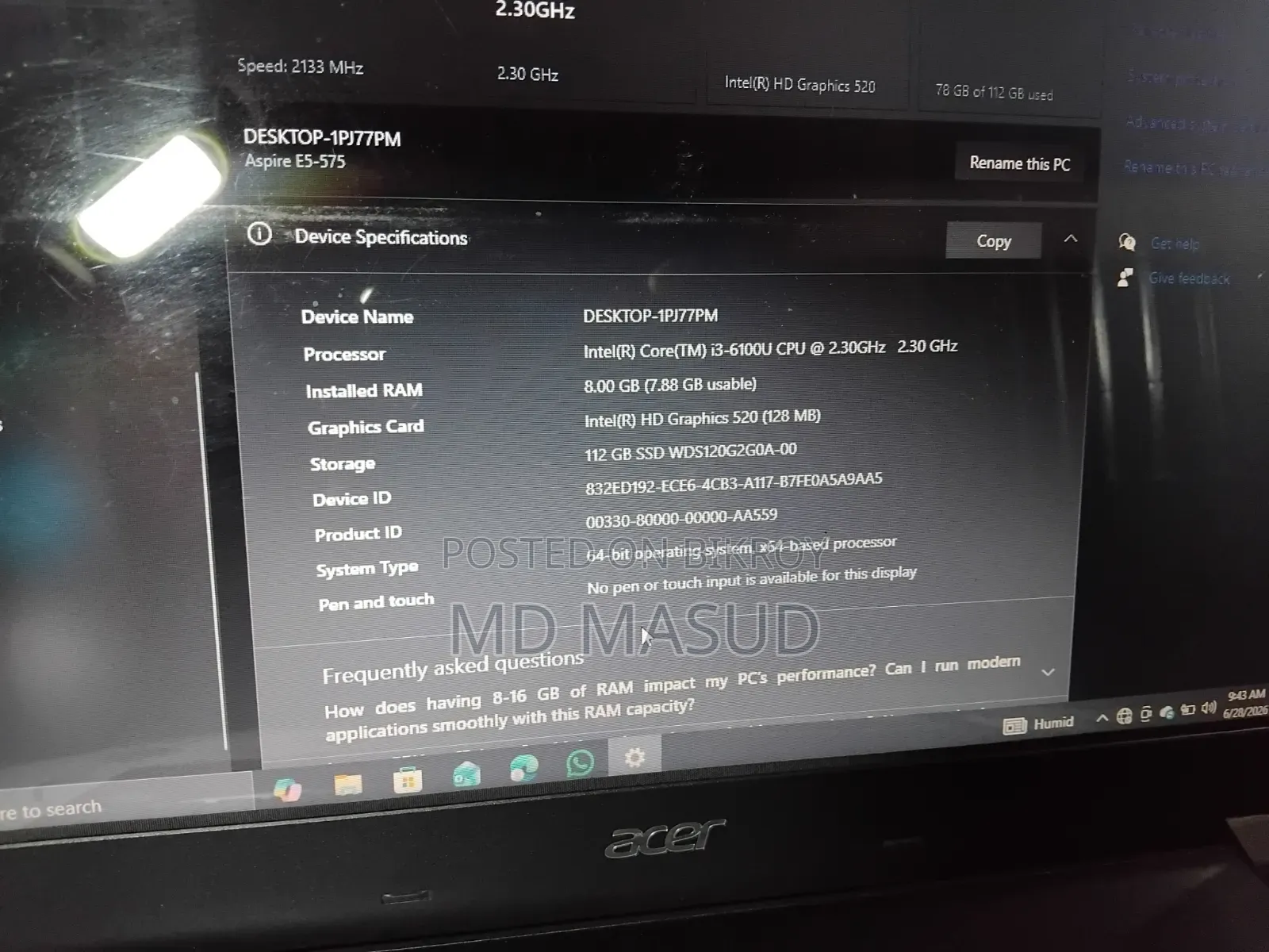 Laptop Acer Aspire 1 8GB Intel Core I3 SSD 128GB