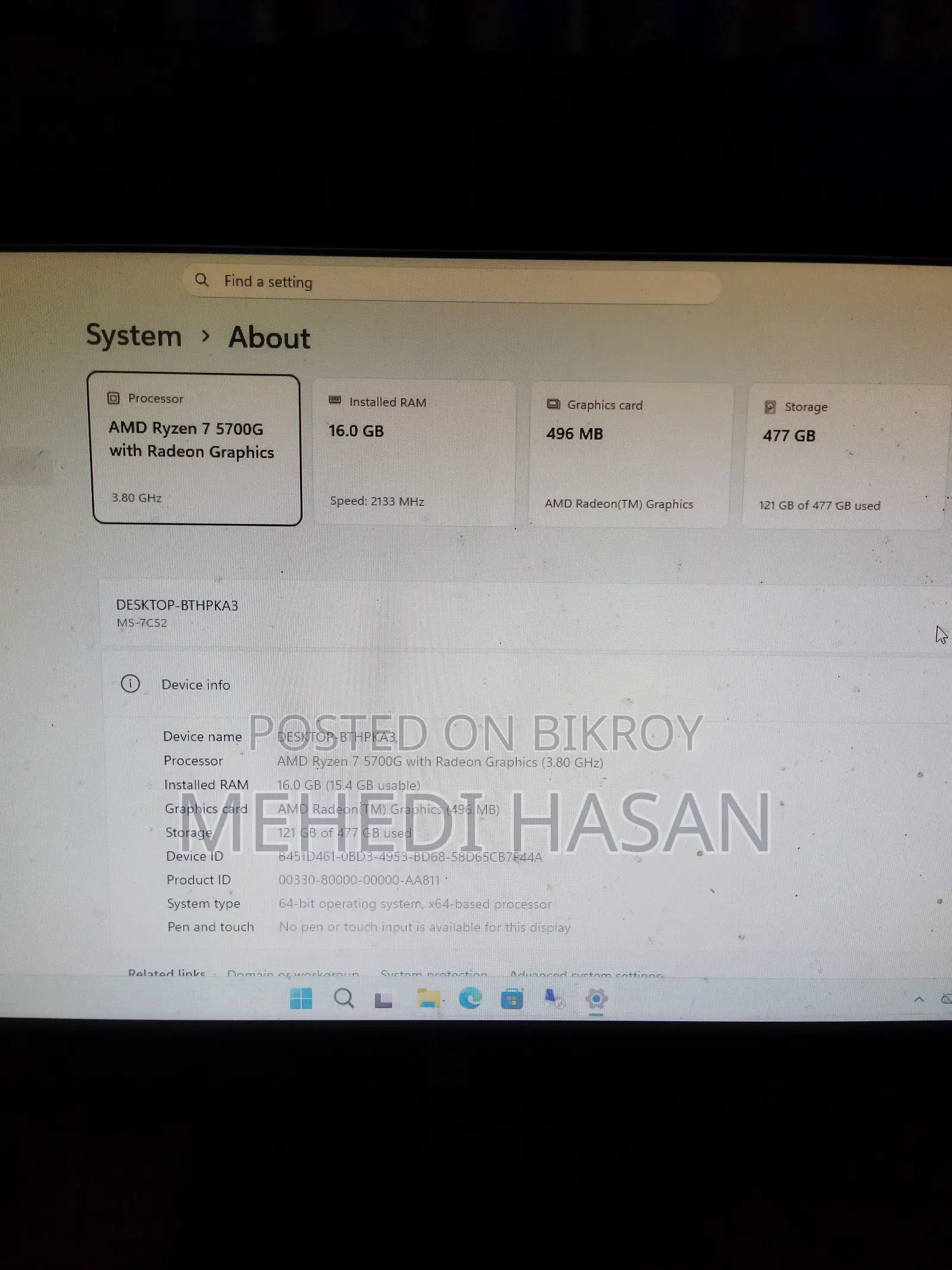 Desktop Computer 16GB AMD Ryzen 7 SSD 512GB