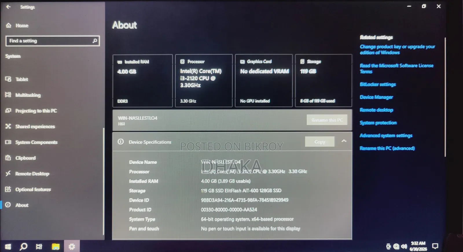 Desktop Computer Gigabyte 4GB Intel Core i3 SSD 128GB