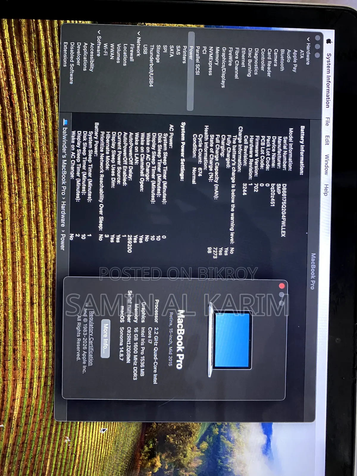 Laptop Apple MacBook Pro 2015 16GB Intel Core I5 SSD 256GB