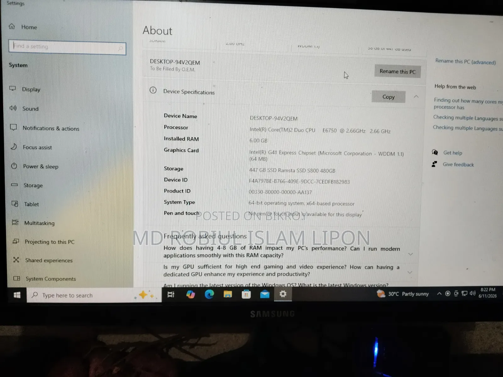 Desktop Computer 6GB Intel SSD 512GB