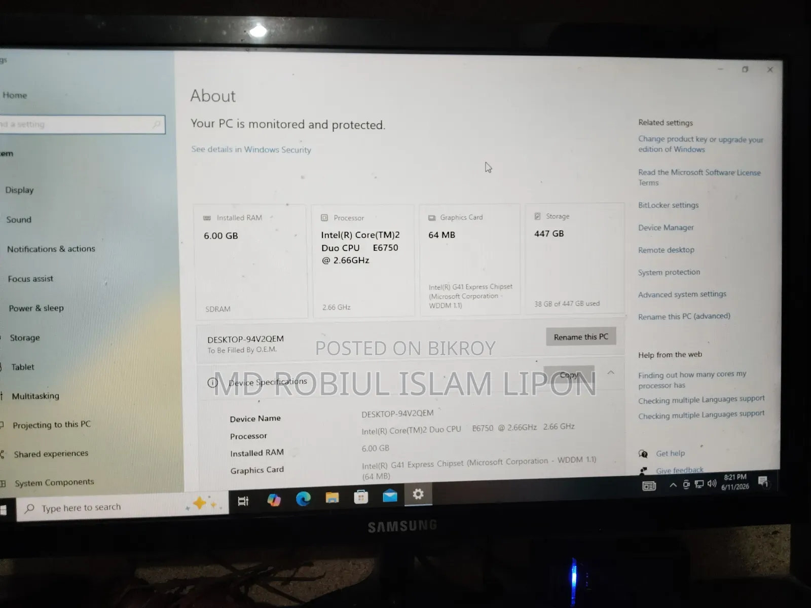 Desktop Computer 6GB Intel SSD 512GB