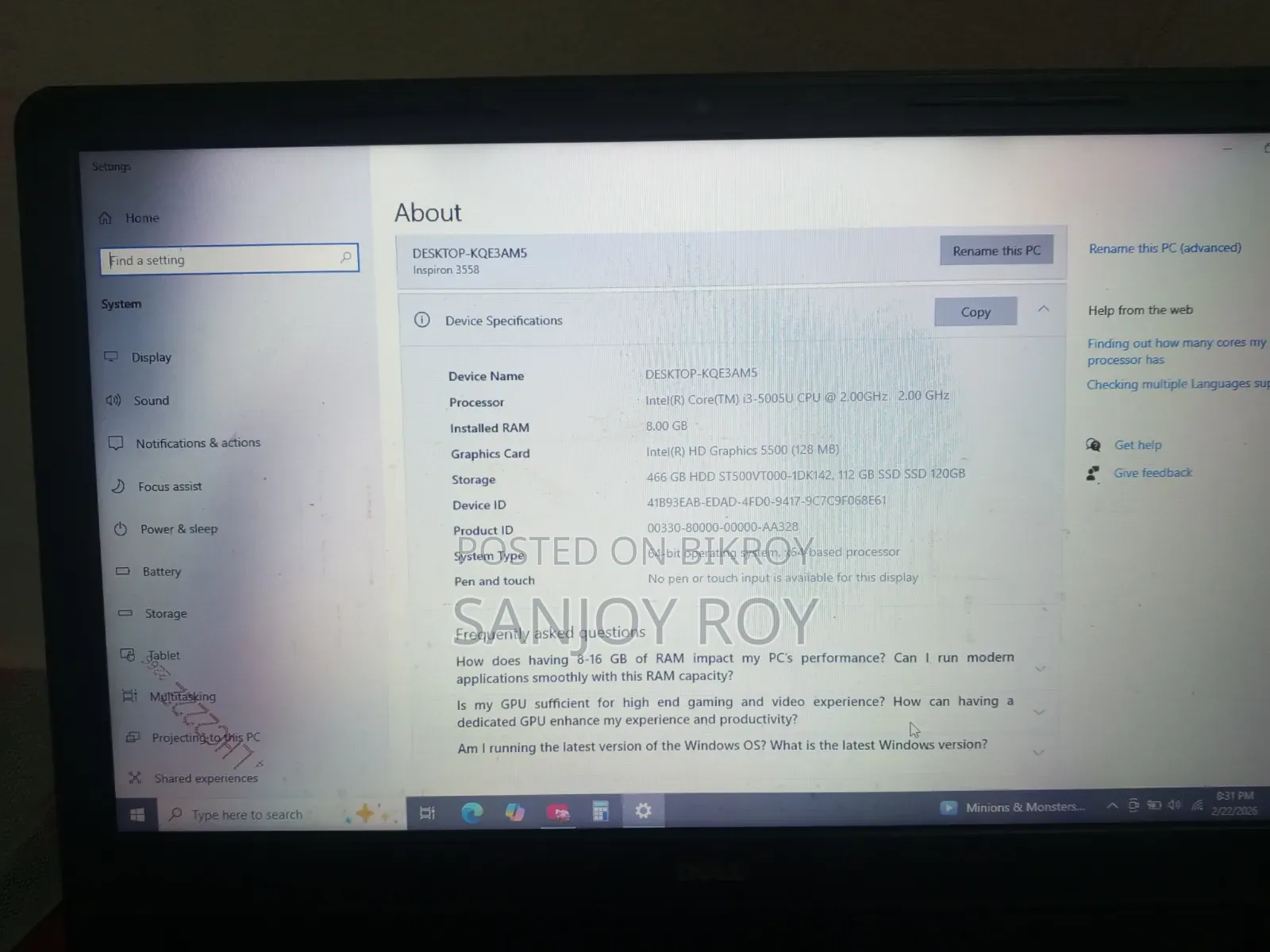 Laptop Dell Inspiron 15 8GB Intel Core I3 SSD 256GB