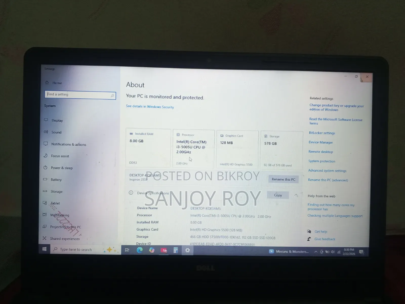 Laptop Dell Inspiron 15 8GB Intel Core I3 SSD 256GB