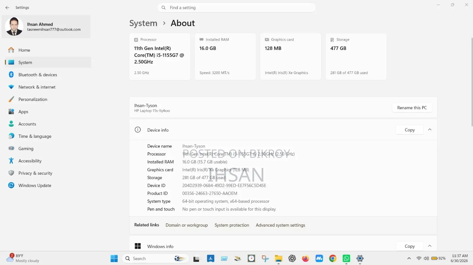 Laptop HP 15S 16GB Intel Core i5 SSD 512GB
